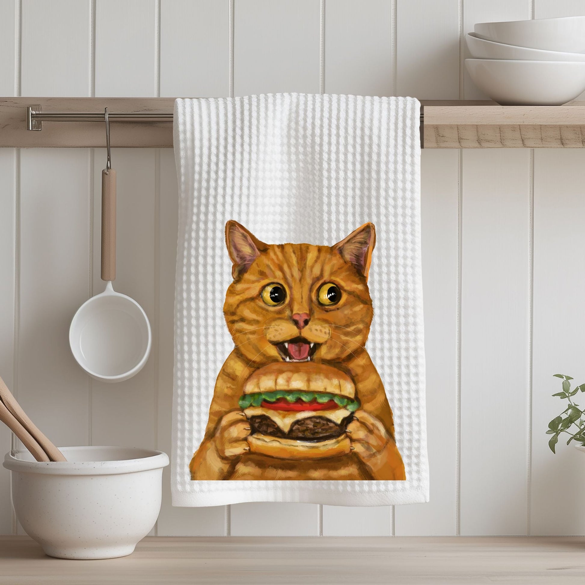 Orange Tabby Cat with Cheeseburger Kitchen Towel - MerikaArt