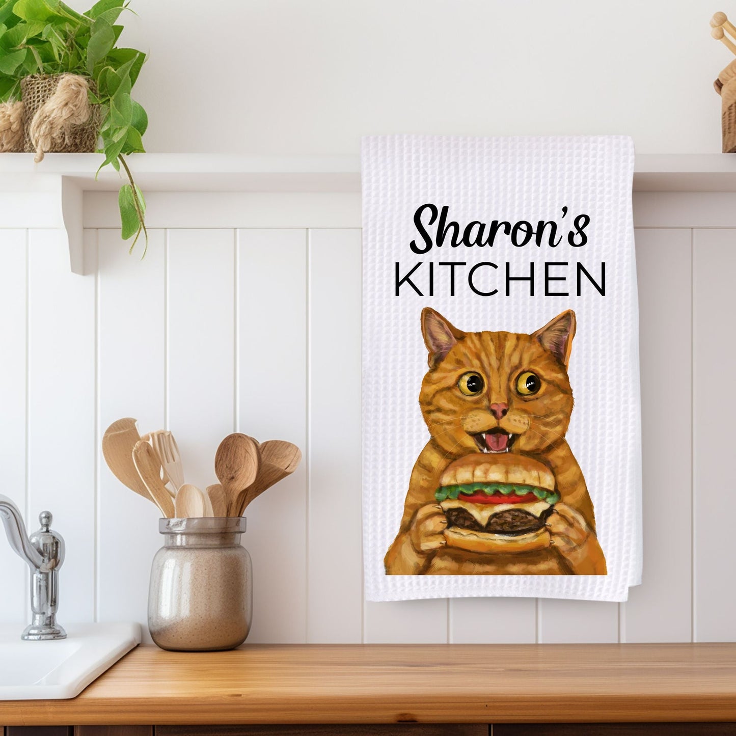 Orange Tabby Cat with Cheeseburger Kitchen Towel - MerikaArt