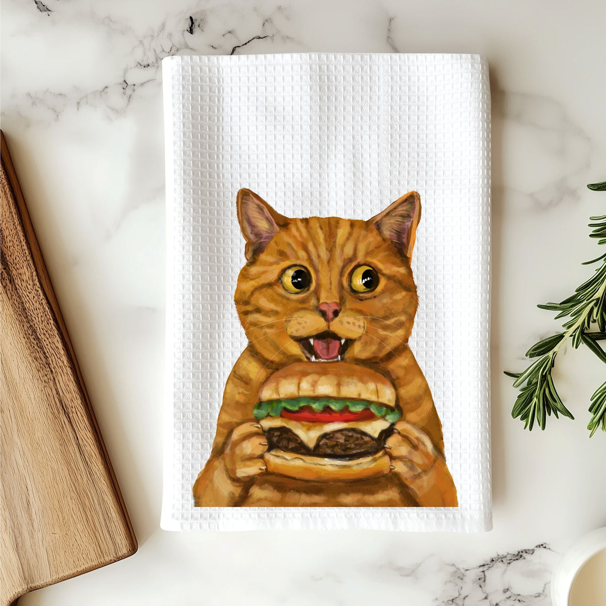 Orange Tabby Cat with Cheeseburger Kitchen Towel - MerikaArt