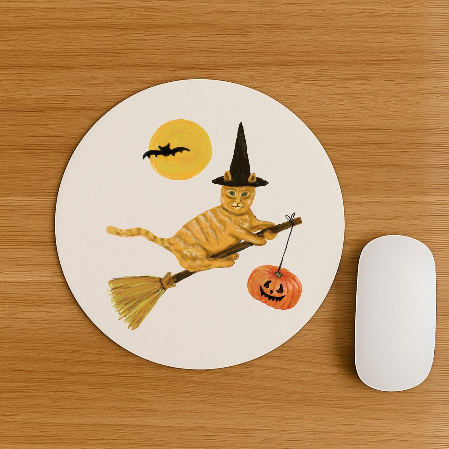 Orange Witch Cat Halloween Mousepad - MerikaArt