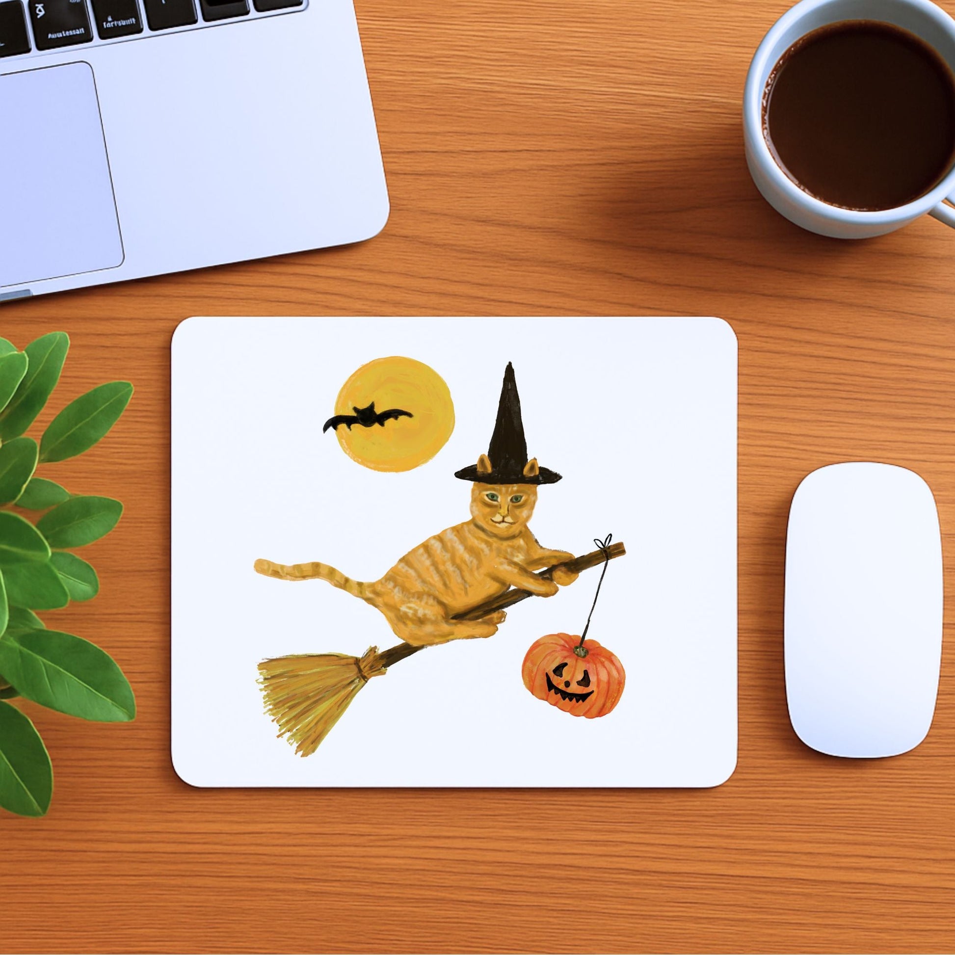 Orange Witch Cat Halloween Mousepad - MerikaArt