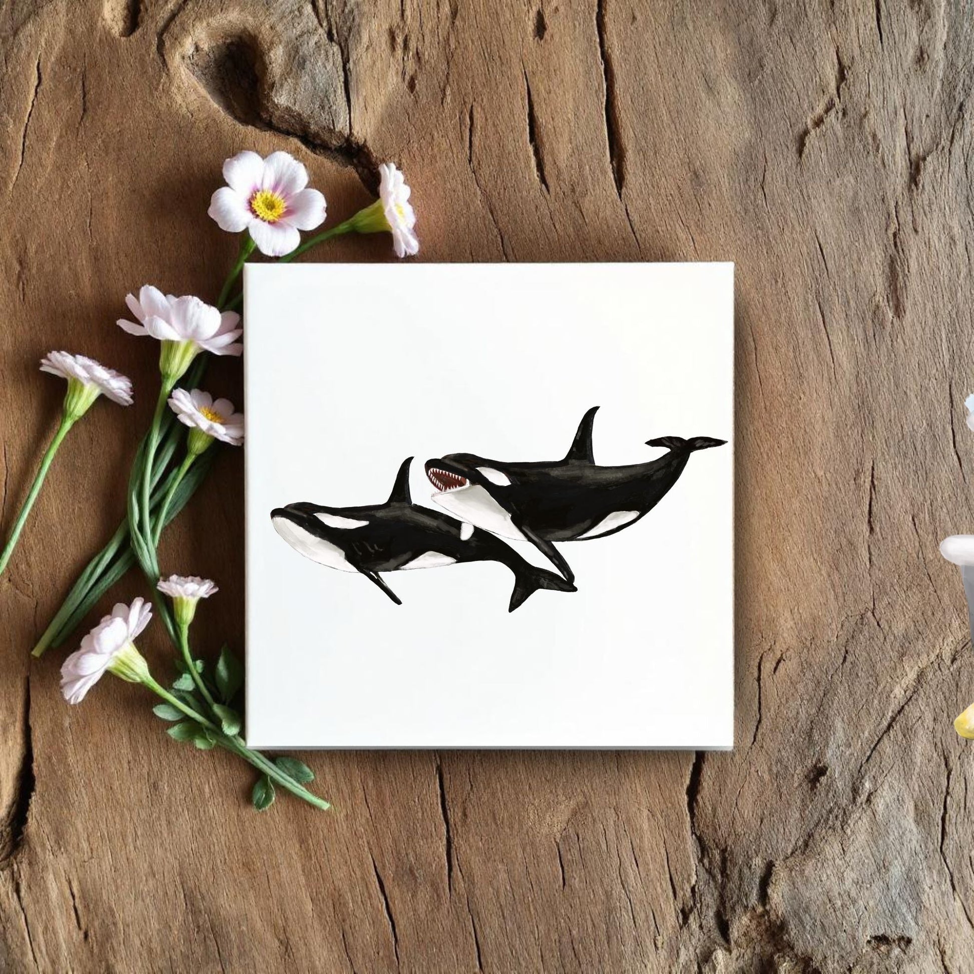 Orca Pair Ceramic Tile – Handcrafted Killer Whale Art - MerikaArt