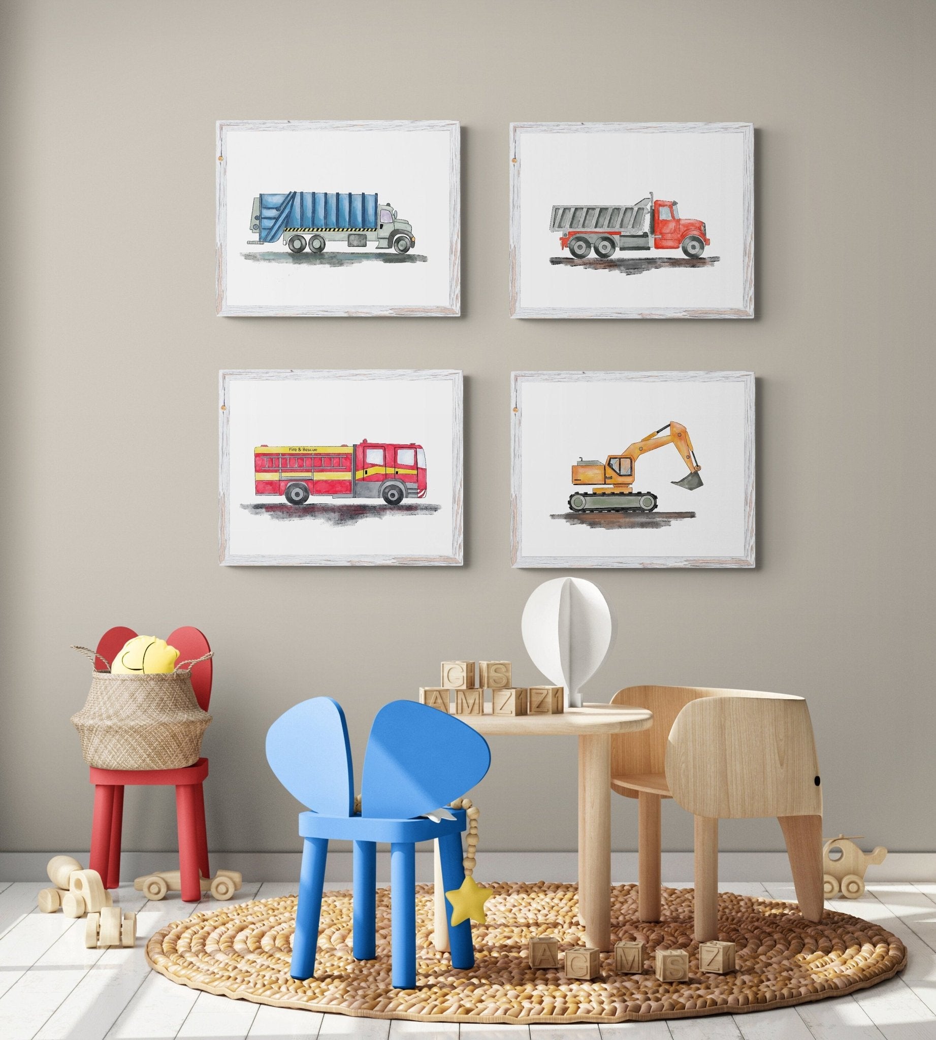 Original Blue Garbage Truck Print, Garbage Truck Painting, Blue Truck Print, Construction Vehicles Print, Kids Wall Art, Boys Nursery Gift - MerikaArt