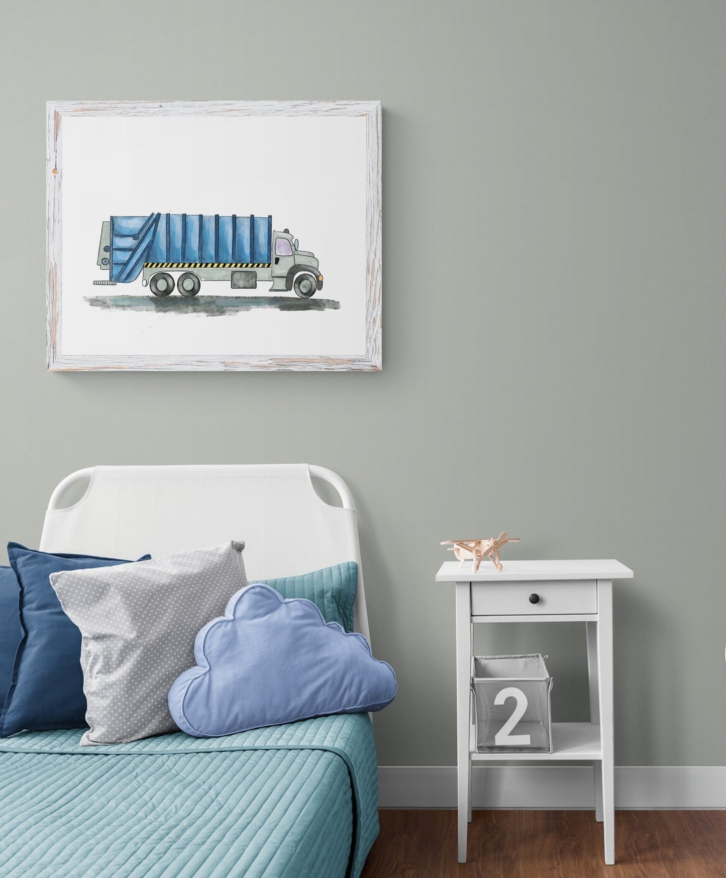 Original Blue Garbage Truck Print, Garbage Truck Painting, Blue Truck Print, Construction Vehicles Print, Kids Wall Art, Boys Nursery Gift - MerikaArt