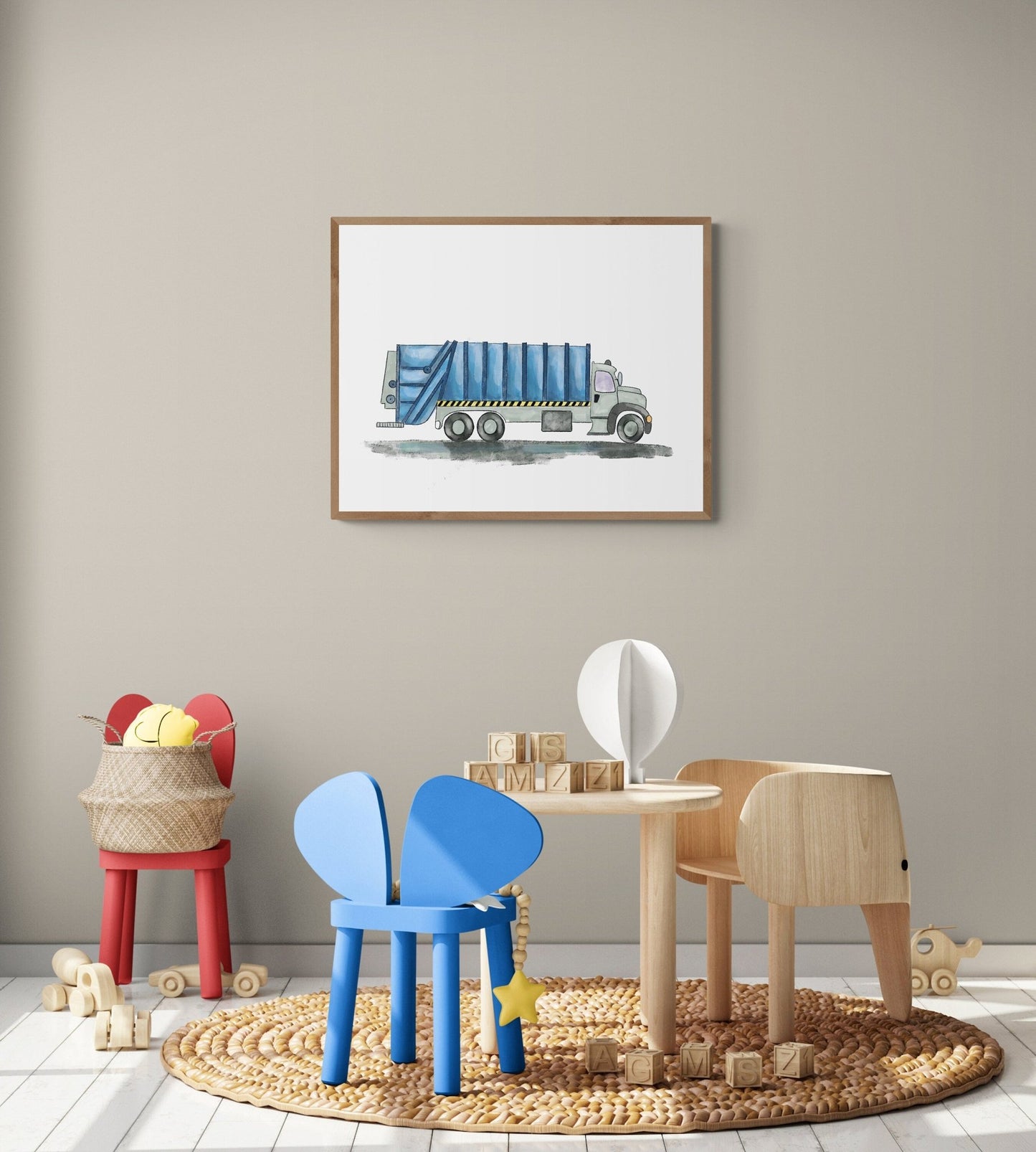 Original Blue Garbage Truck Print, Garbage Truck Painting, Blue Truck Print, Construction Vehicles Print, Kids Wall Art, Boys Nursery Gift - MerikaArt