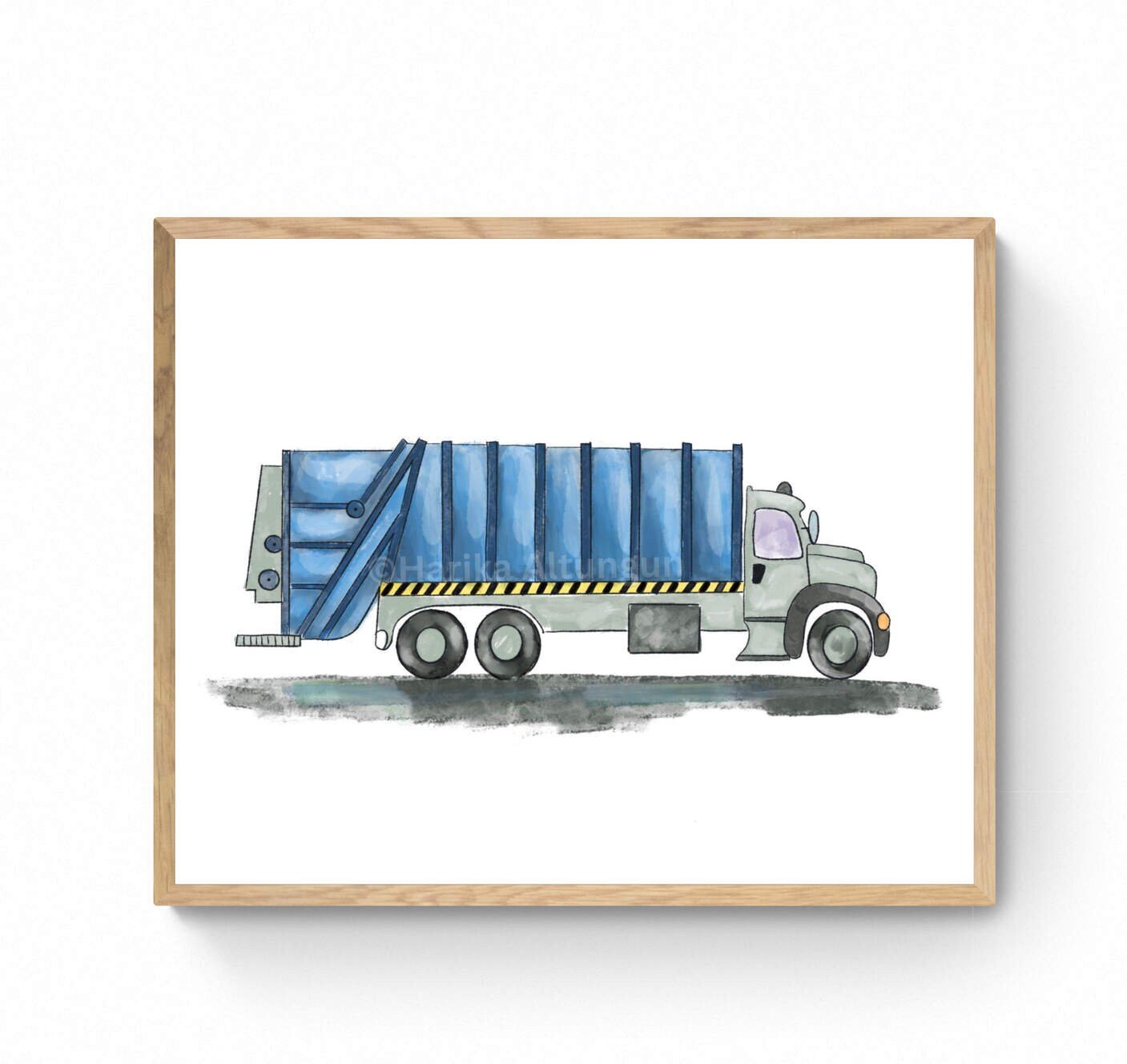 Original Blue Garbage Truck Print, Garbage Truck Painting, Blue Truck Print, Construction Vehicles Print, Kids Wall Art, Boys Nursery Gift - MerikaArt