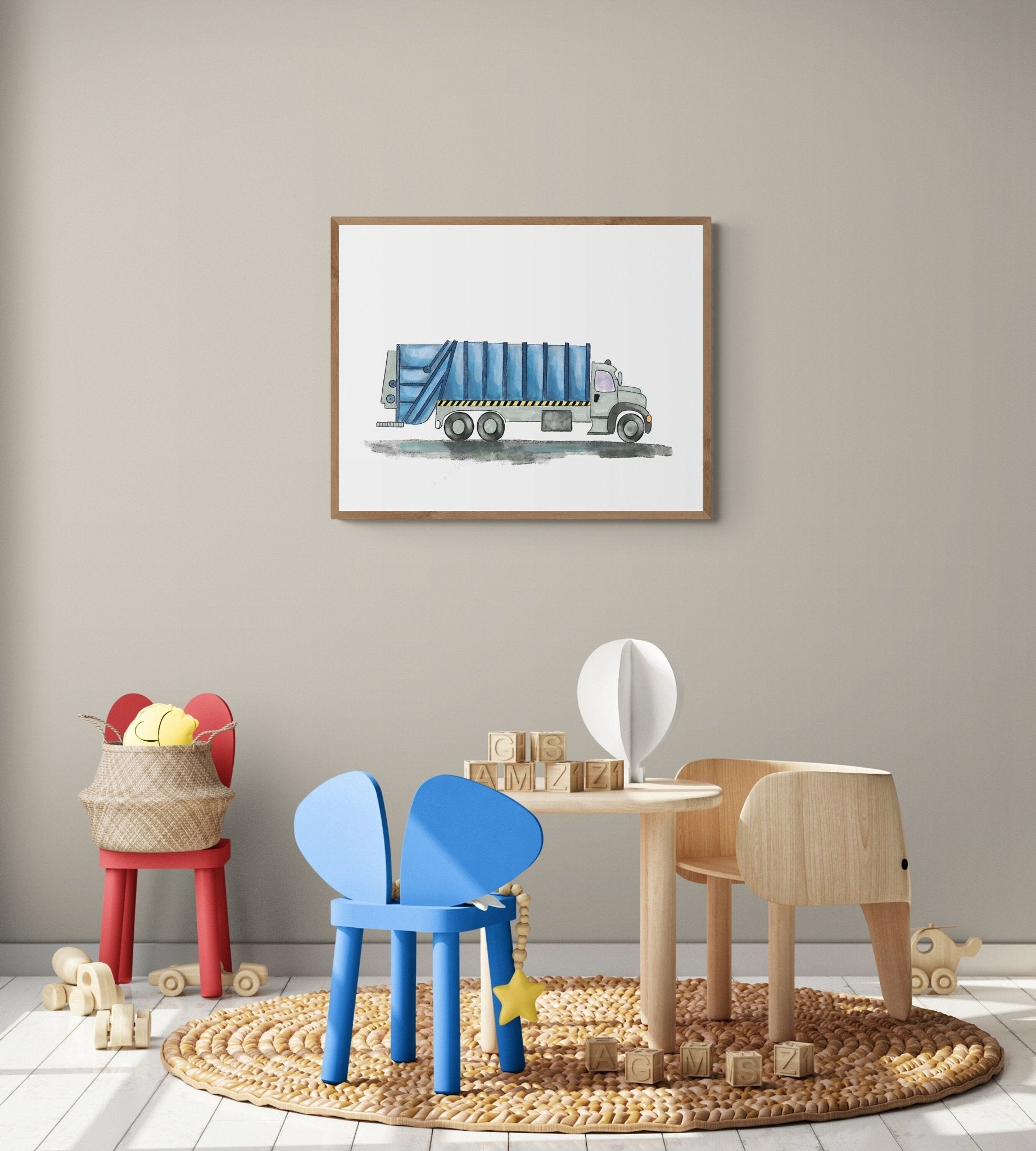 Original Blue Garbage Truck Print, Garbage Truck Painting, Blue Truck Print, Construction Vehicles Print, Kids Wall Art, Boys Nursery Gift - MerikaArt