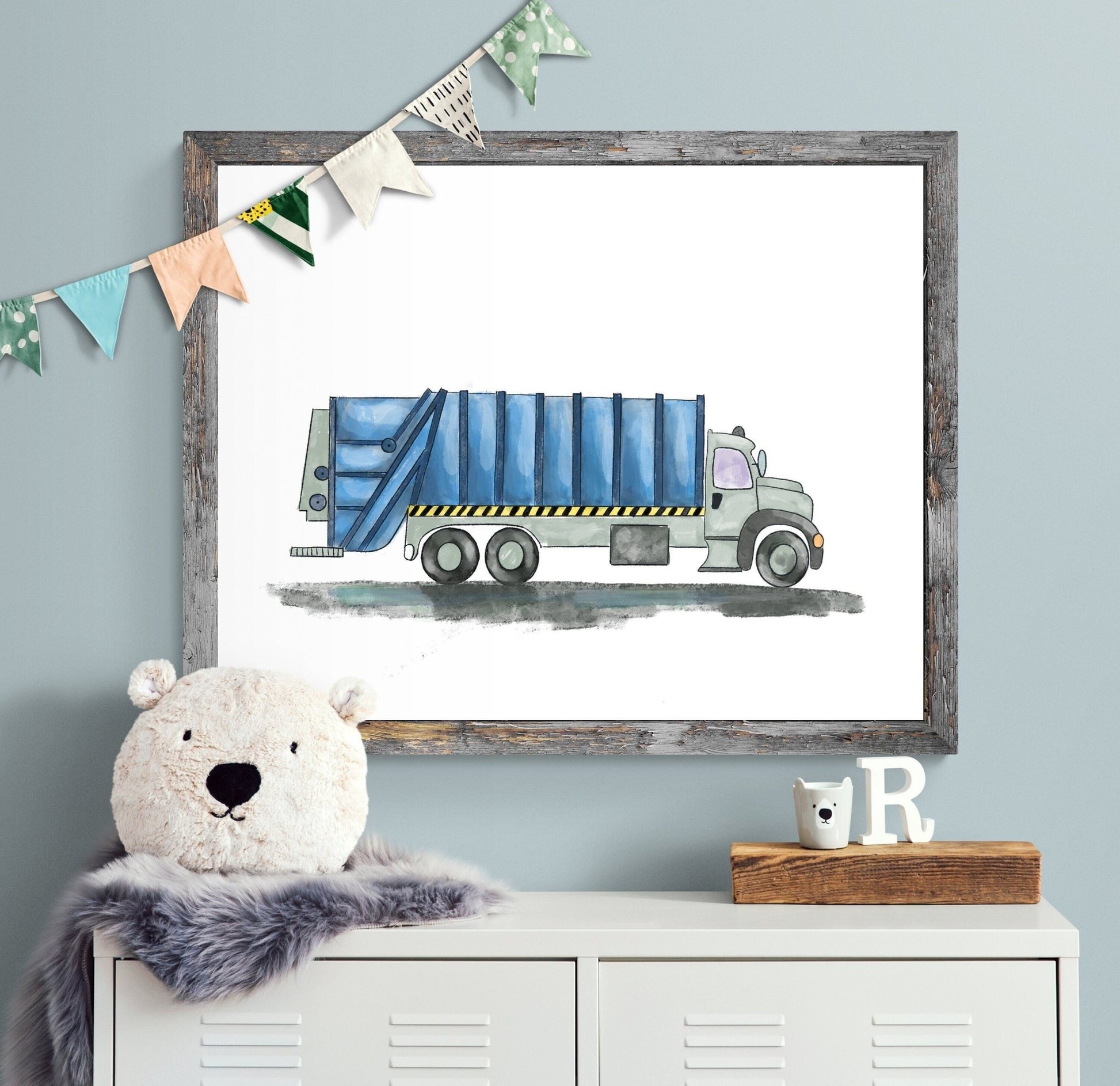 Original Blue Garbage Truck Print, Garbage Truck Painting, Blue Truck Print, Construction Vehicles Print, Kids Wall Art, Boys Nursery Gift - MerikaArt