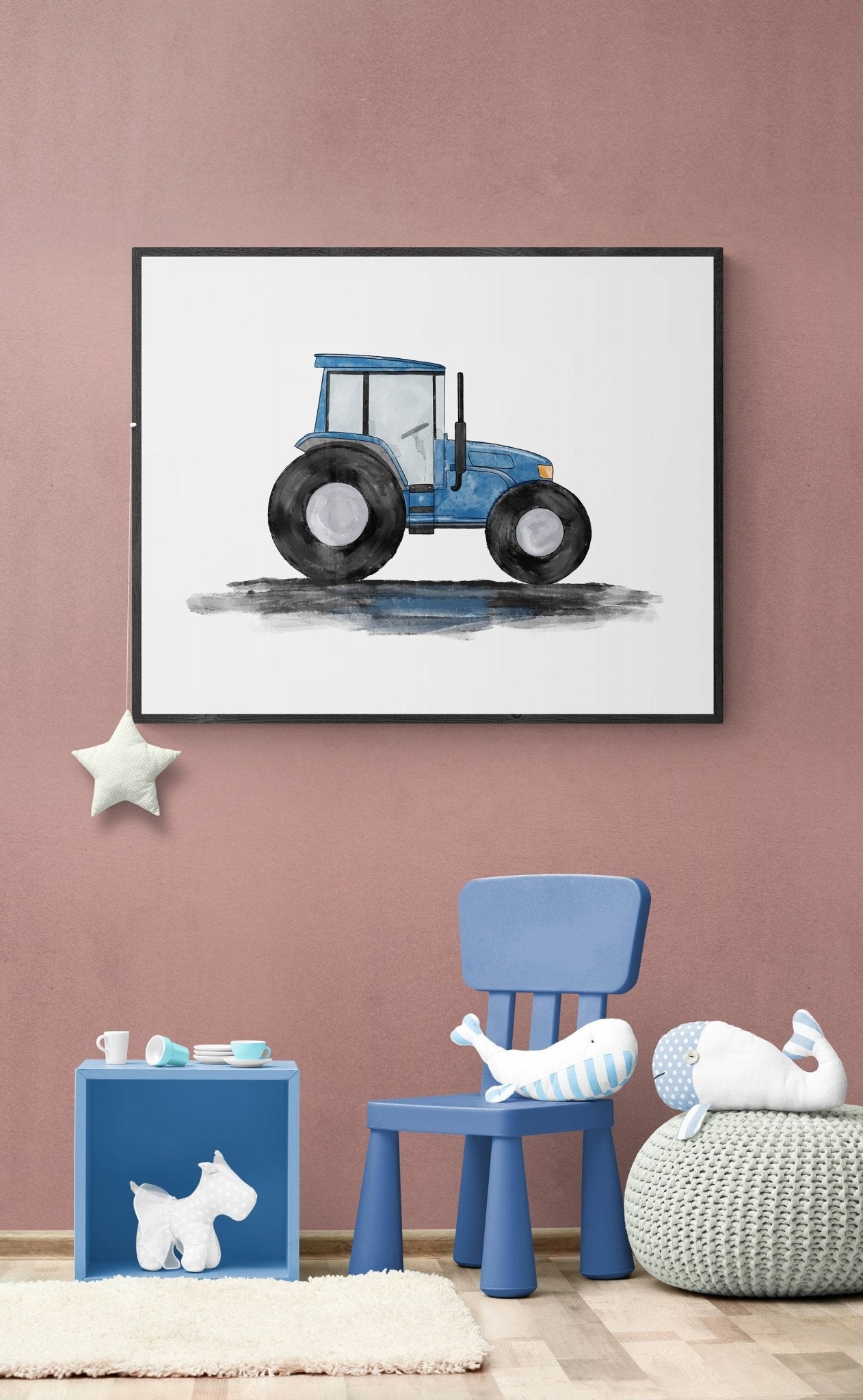 Original Blue Tractor Print, Blue Tractor Painting, Construction Nursery Art, Construction Vehicles Print, Kids Wall Art, Boys Nursery Gift - MerikaArt