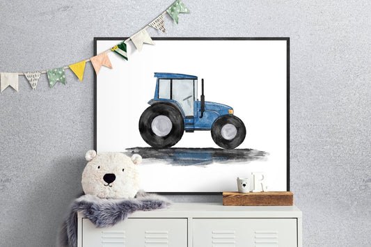 Original Blue Tractor Print, Blue Tractor Painting, Construction Nursery Art, Construction Vehicles Print, Kids Wall Art, Boys Nursery Gift - MerikaArt