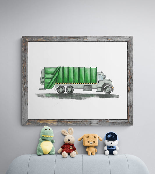 Original Green Garbage Truck Print - MerikaArt