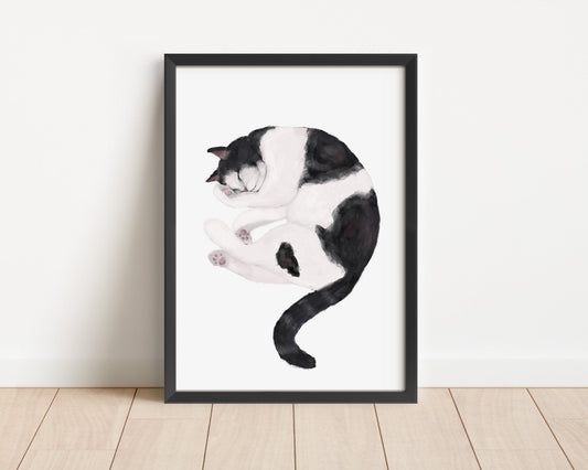 Original Sleeping Tuxedo Black and White Cat Print - MerikaArt