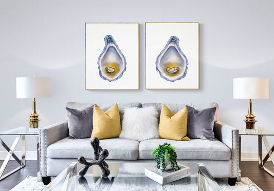 Oyster Print Set of 2, Oyster Painting Set, Beach House Decor, Shell Print Set, Oyster Shell Wall Art, Coastal Decor, Living Room Wall Art - MerikaArt