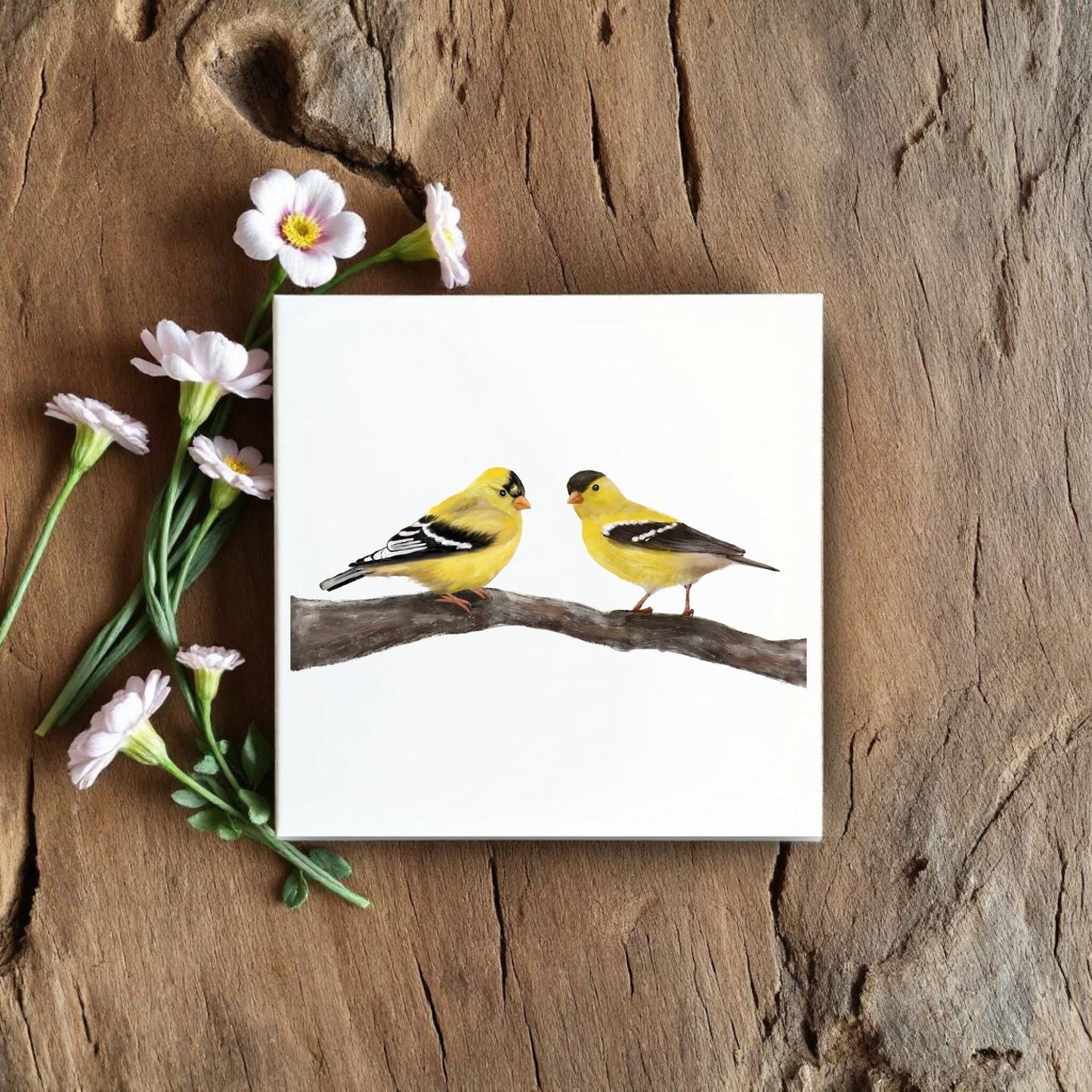 Pair of American Goldfinches Ceramic Tile – Handcrafted Bird Art - MerikaArt