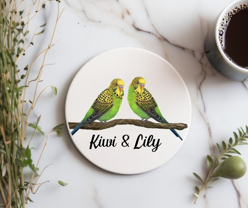 Pair of Budgerigars Ceramic Coaster - MerikaArt