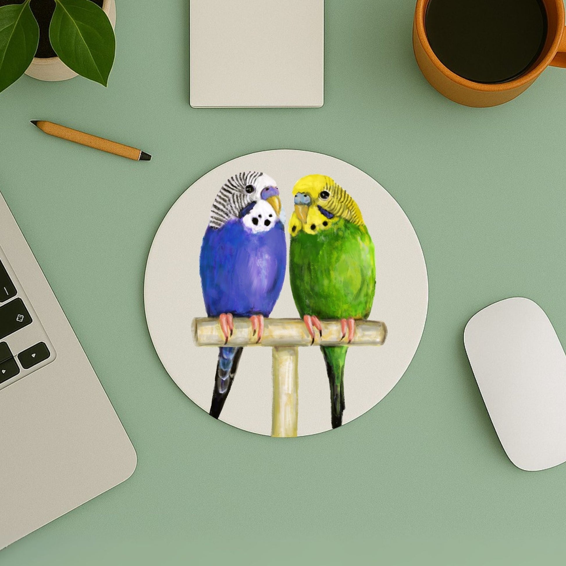 Pair of Budgerigars Mousepad - MerikaArt