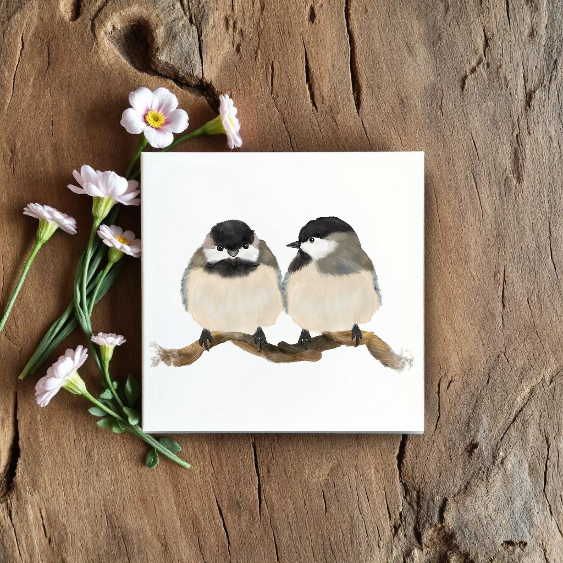 Pair of Chickadees Ceramic Tile – Handcrafted Bird Artwork - MerikaArt