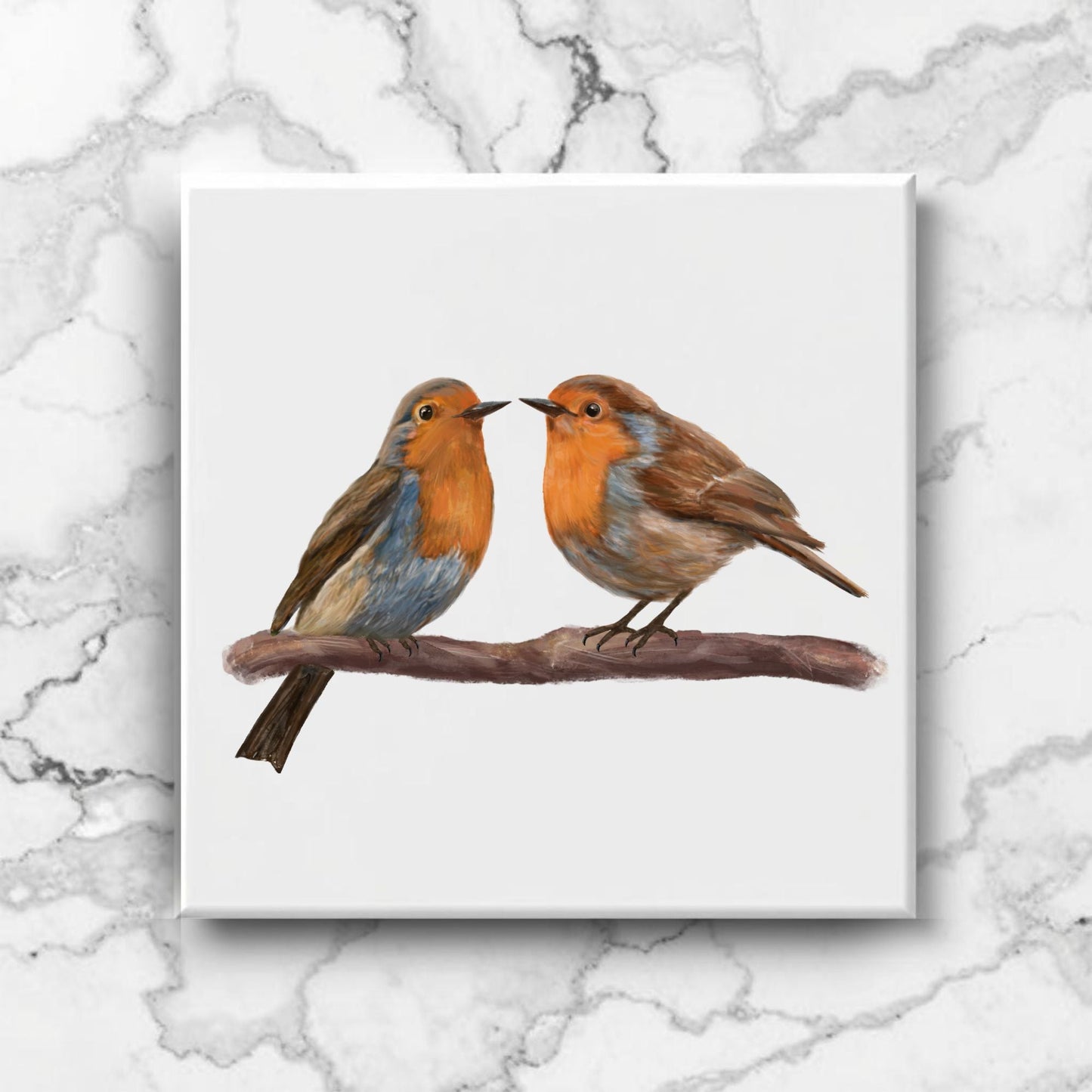 Pair of European Robins Ceramic Tile – Handcrafted Bird Lover Artwork - MerikaArt