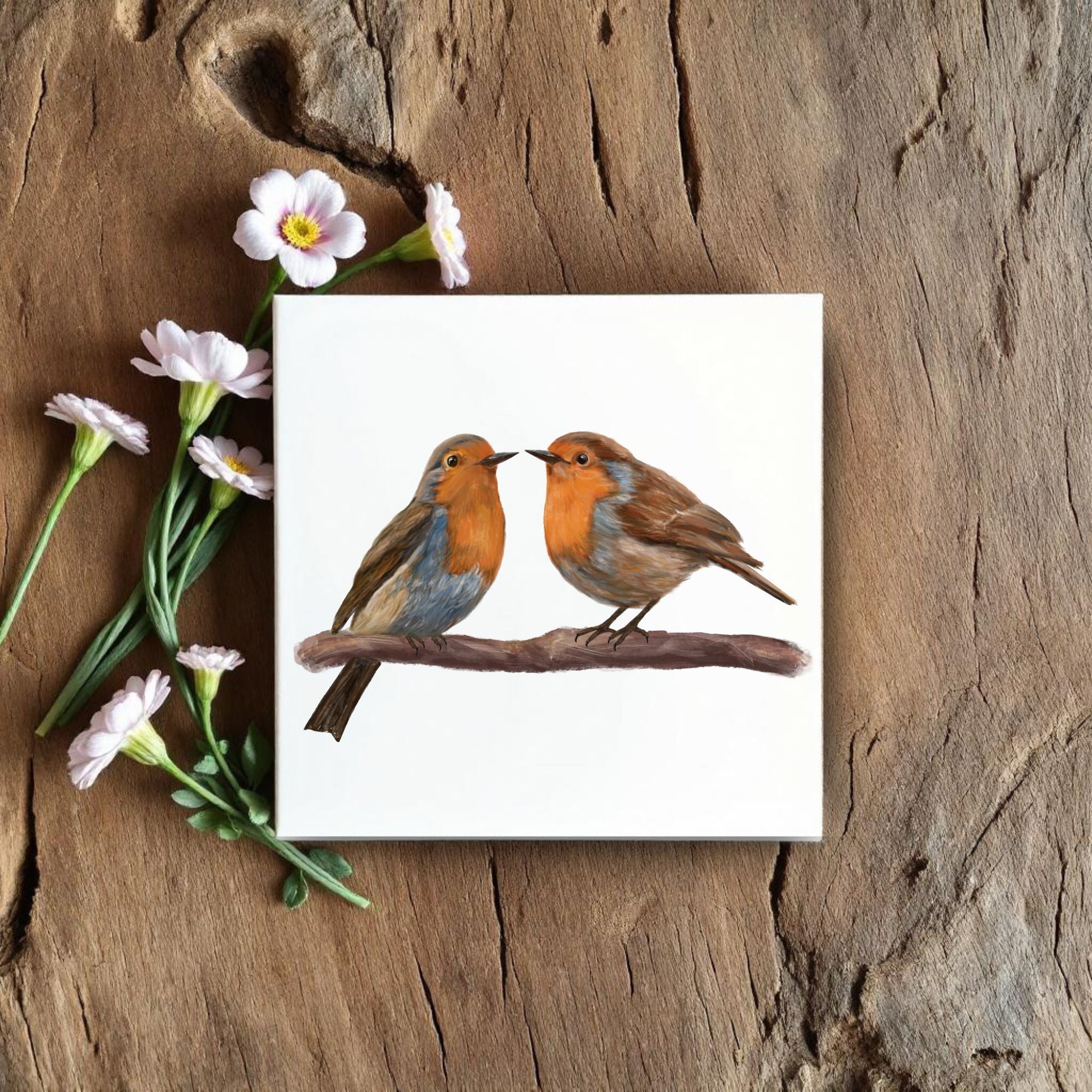 Pair of European Robins Ceramic Tile – Handcrafted Bird Lover Artwork - MerikaArt