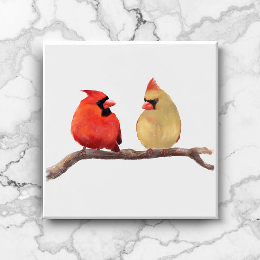 Pair of Northern Cardinals Ceramic Tile – Handcrafted Bird Lover Artwork - MerikaArt