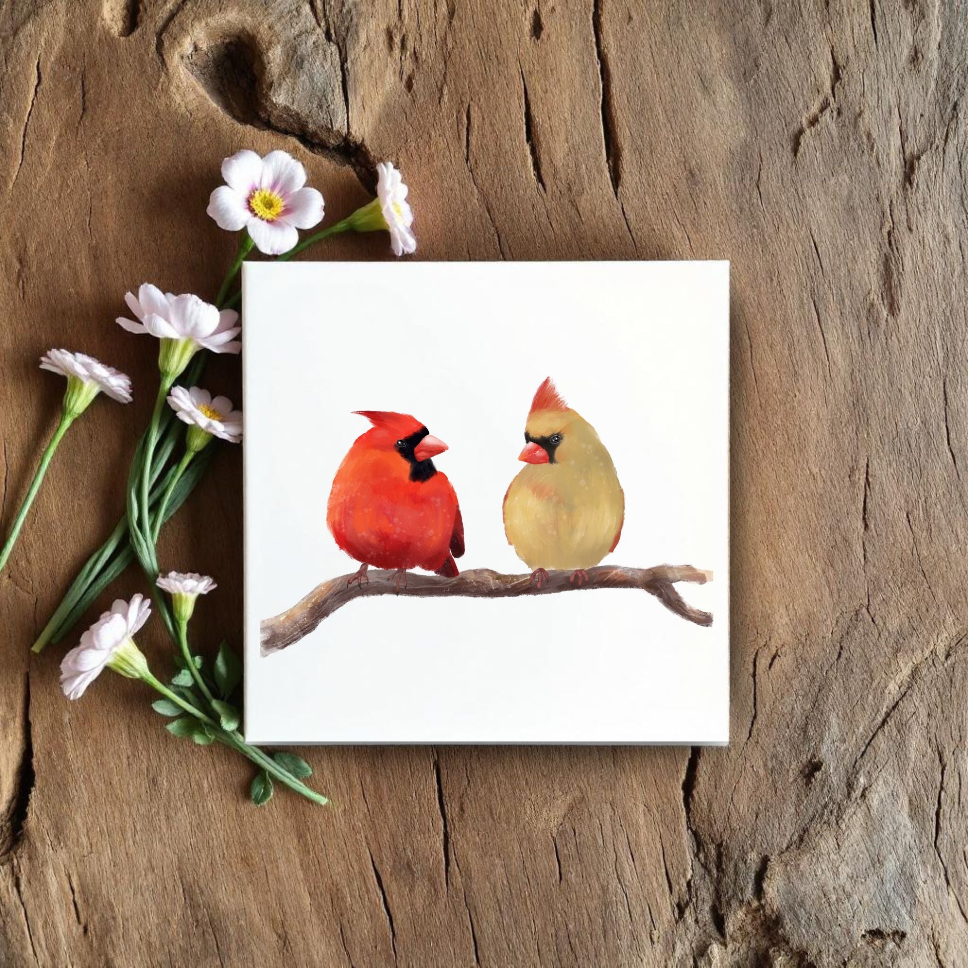 Pair of Northern Cardinals Ceramic Tile – Handcrafted Bird Lover Artwork - MerikaArt