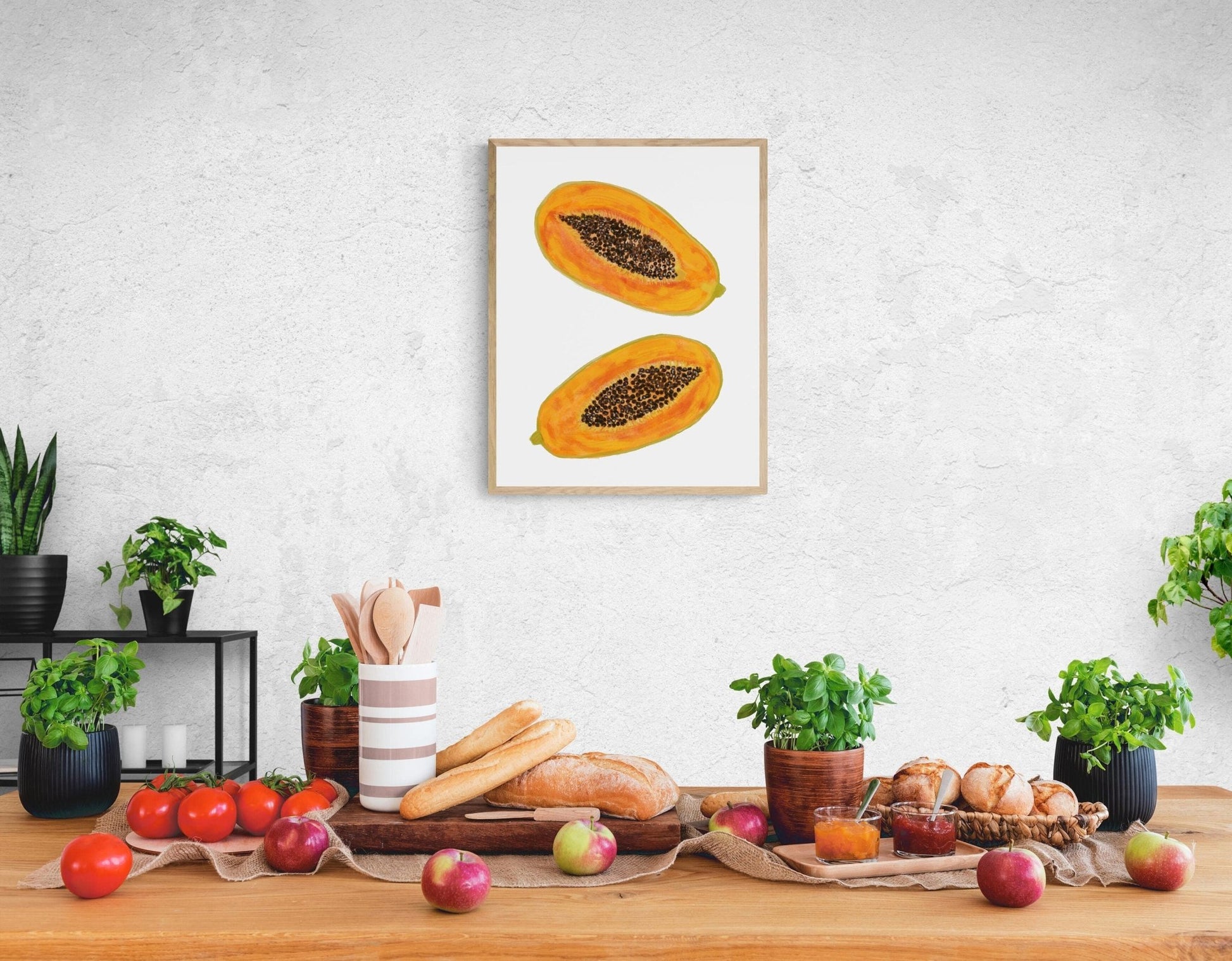 Papaya Art Print, Papaya Wall Art, Kitchen Wall Hanging, Dining Room Decor, Tropical Fruit Painting, Fruit Illustration, Farmhouse Decor - MerikaArt