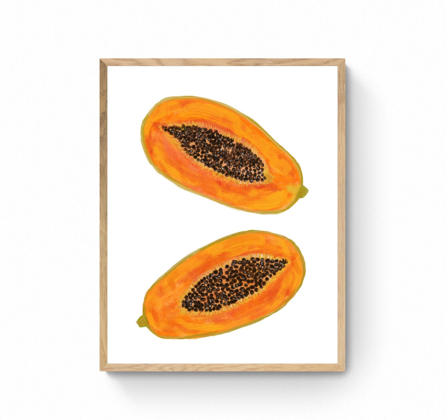 Papaya watercolor painting exotic fruit selling original art Botanical fruit art Papaya wall art decor kitchen 7x10 yellow on black minimalist art