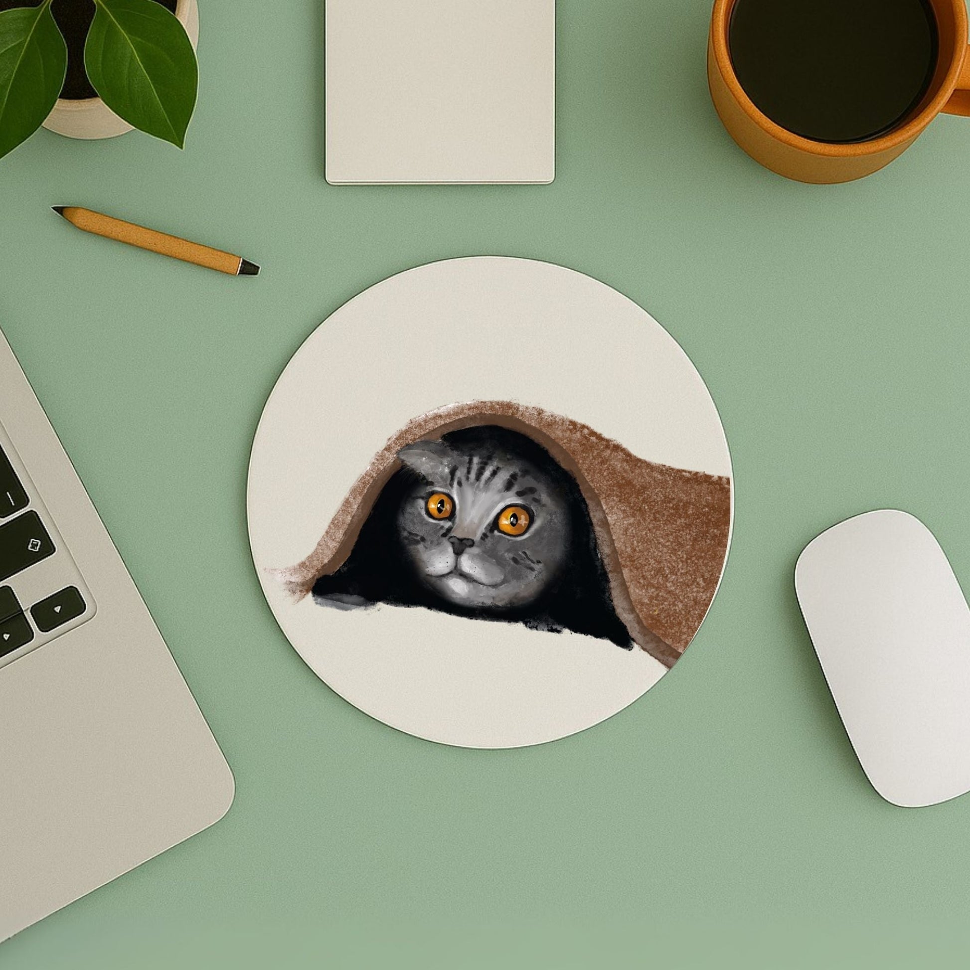 Peekaboo Grey Tabby Cat Mousepad - MerikaArt