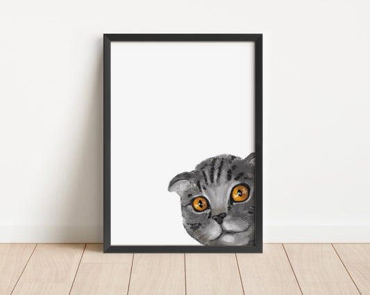 Peekaboo Kitty: A Playful Gray Scottish Fold Cat Art Print - MerikaArt