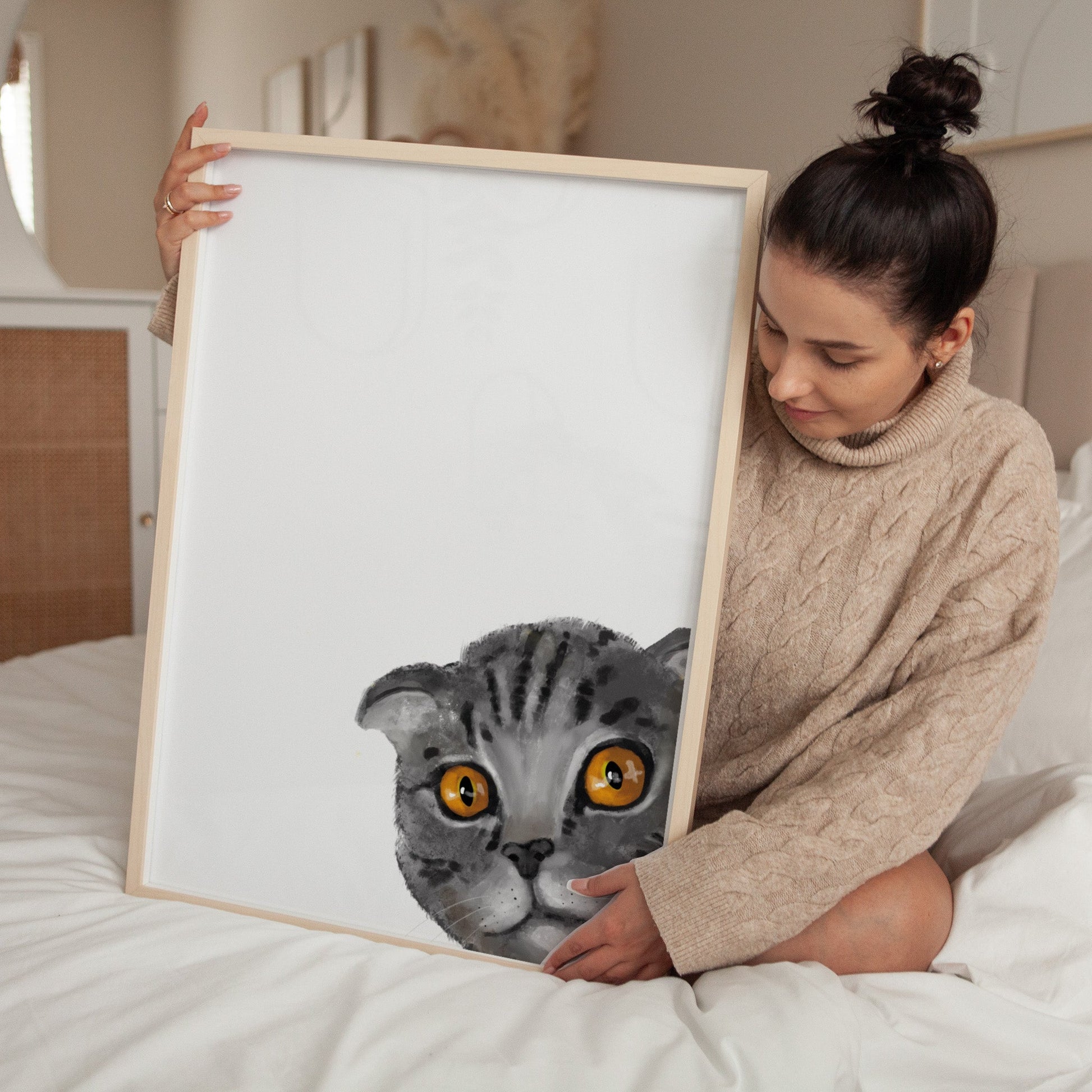 Peekaboo Kitty: A Playful Gray Scottish Fold Cat Art Print - MerikaArt