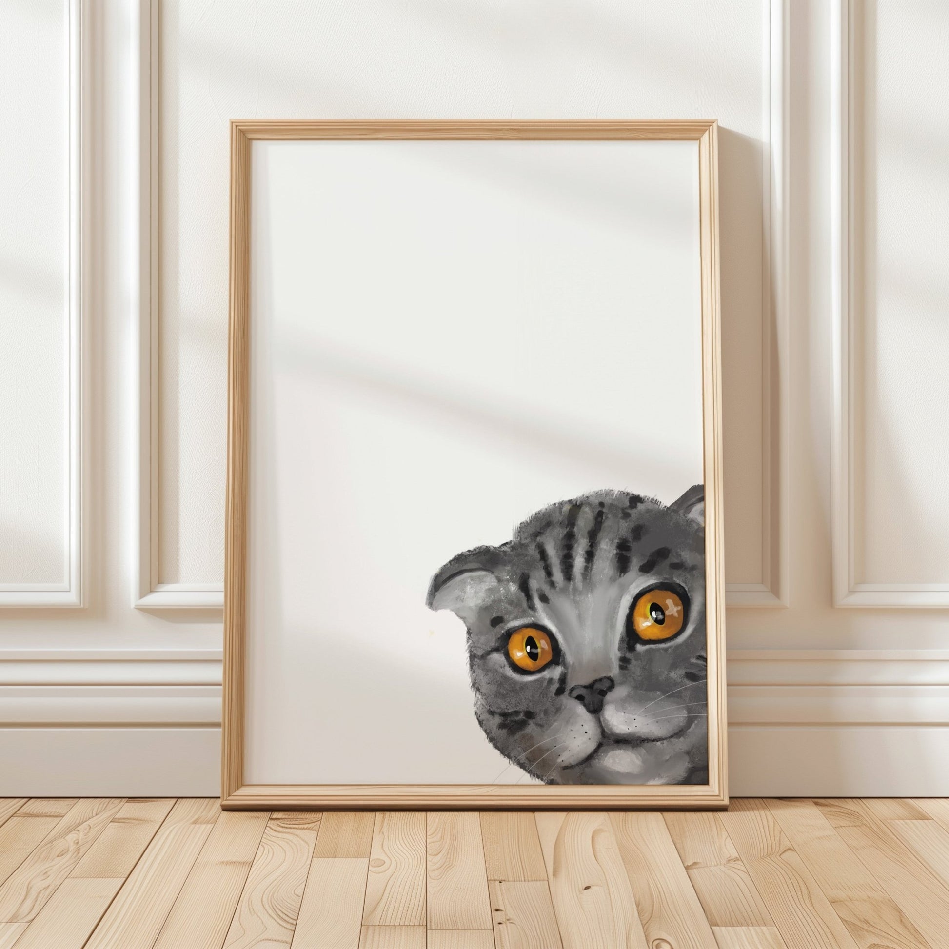 Peekaboo Kitty: A Playful Gray Scottish Fold Cat Art Print - MerikaArt