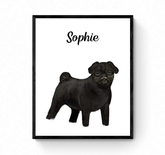 Personalized Black Pug Print, Pug Painting, Cute Pug Portrait, Doggy artwork, Living Room Wall Art, Bedroom Wall Print, Puppy Home Decor - MerikaArt