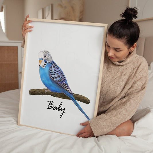 Personalized Blue Budgie Wall Art Print – Budgerigar Parakeet Illustration for Bird Lovers - MerikaArt