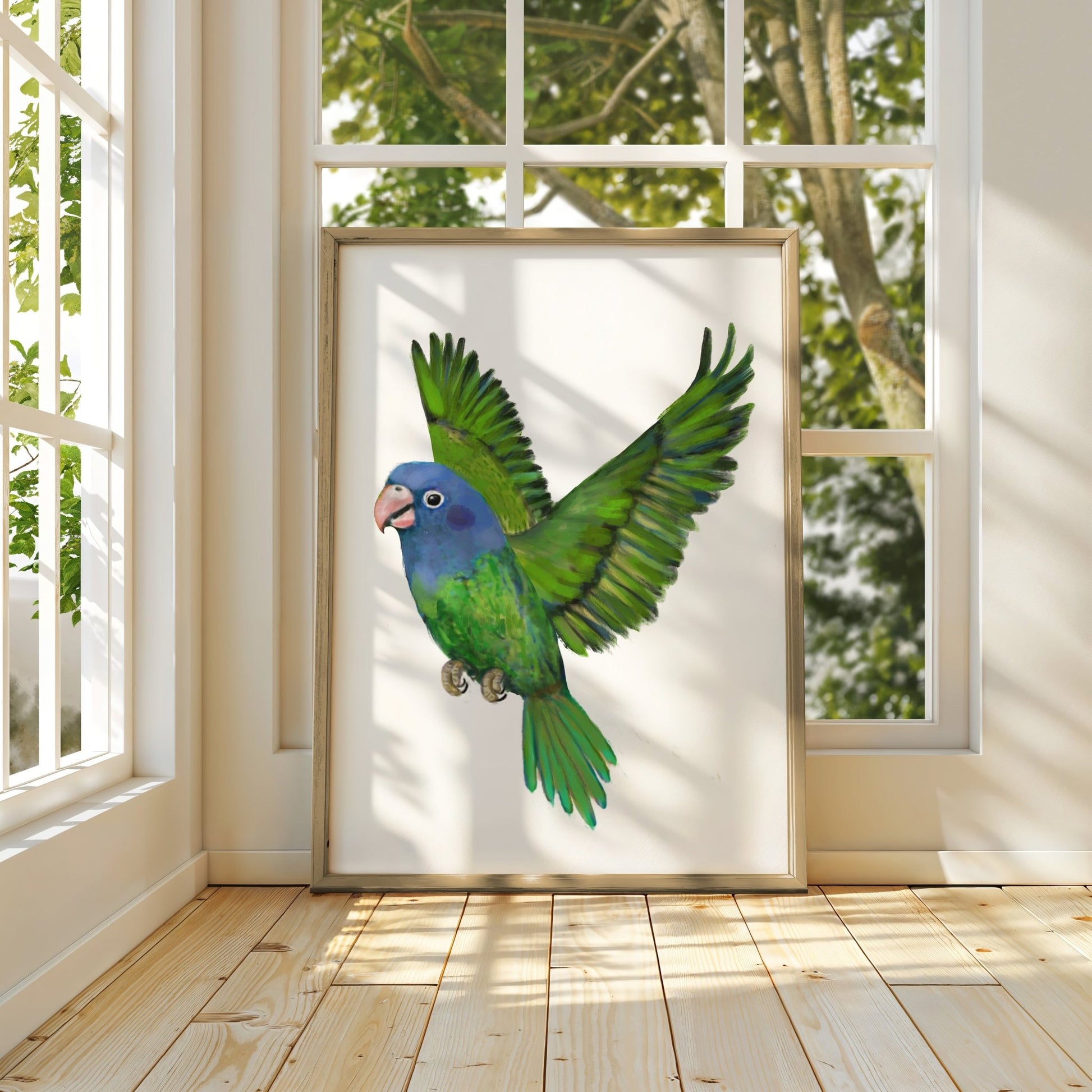 Personalized Blue - headed Parrot Wall Art Print – Colorful Flying Parrot Illustration for Bird Lovers - MerikaArt