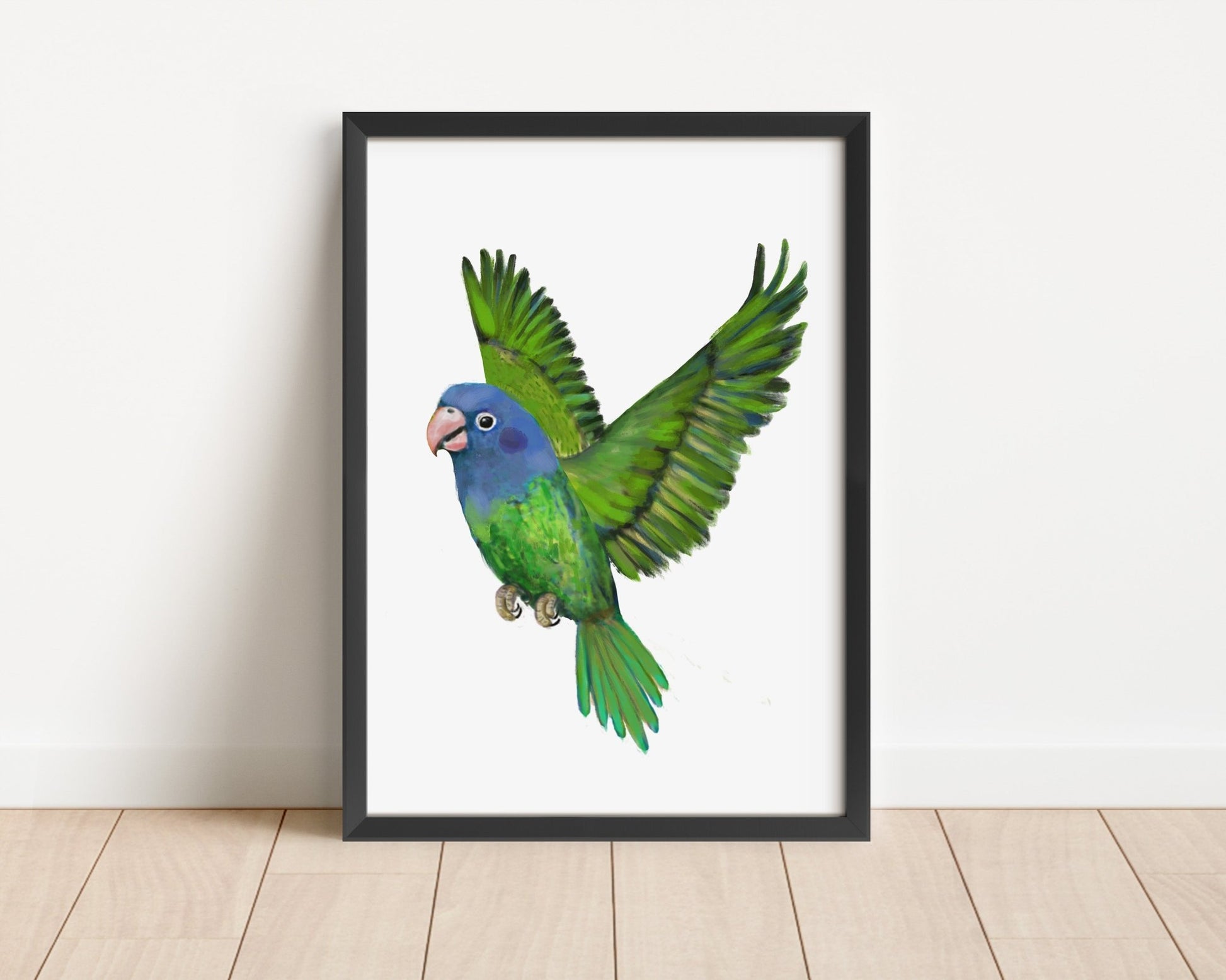 Personalized Blue - headed Parrot Wall Art Print – Colorful Flying Parrot Illustration for Bird Lovers - MerikaArt