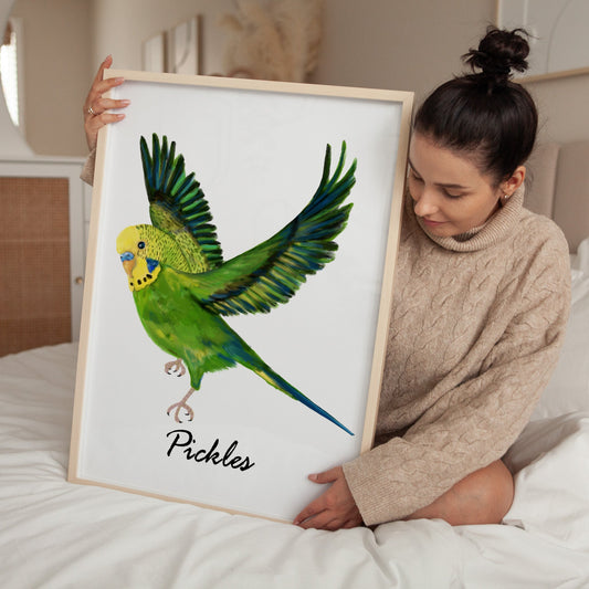 Personalized Flying Green Budgie Art Print – Vibrant Parakeet Bird Decor - MerikaArt