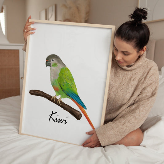 Personalized Green Cheek Conure Wall Art Print – Colorful Parrot Bird Illustration for Bird Lovers - MerikaArt