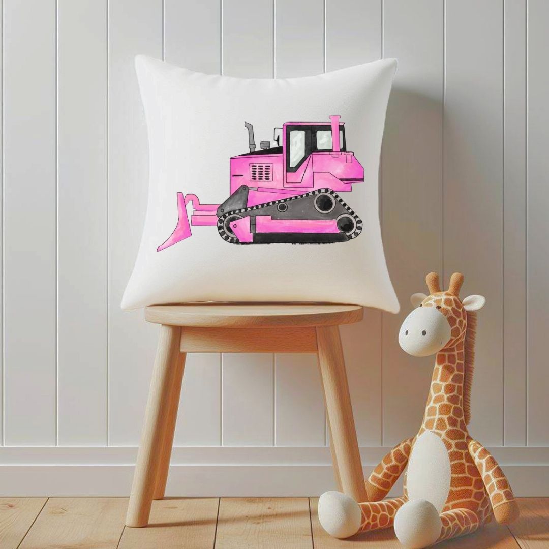 Personalized Pink Bulldozer Kids Pillow - MerikaArt