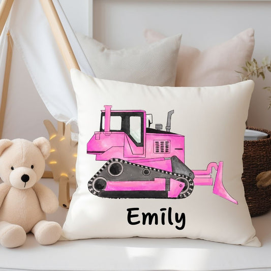 Personalized Pink Bulldozer Kids Pillow - MerikaArt