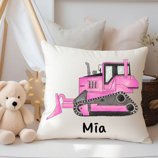 Personalized Pink Bulldozer Kids Pillow - MerikaArt