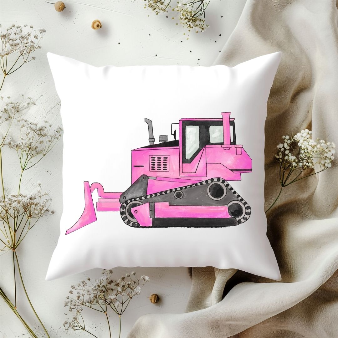 Personalized Pink Bulldozer Kids Pillow - MerikaArt