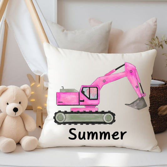 Personalized Pink Excavator Kids Pillow - MerikaArt