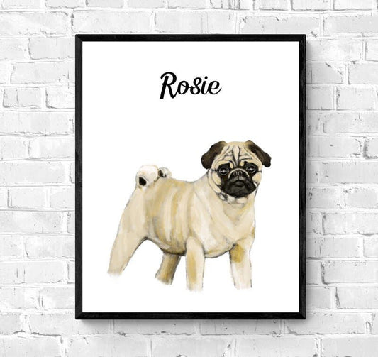 Personalized Pug Print, Pug Painting, Pug Portrait, Doggy artwork,Cute Pug Print, Living Room Wall Art, Bedroom Wall Print, Puppy Home Decor - MerikaArt