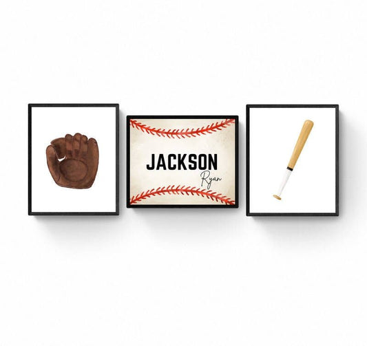 Personalized Set of 3 Baseball Prints, Sport Painting, Boys Room Wall Art, Girls Room Print, Toddler Art, Nursery Decor, Sports Lover Gift - MerikaArt