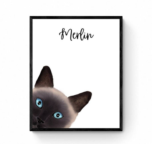 Personalized Siamese Cat Peeking Wall Art, Cute Cat Art Print, Siamese Kitten Painting, Cat Portrait, Cat Memorial, Cat Lover Gift - MerikaArt