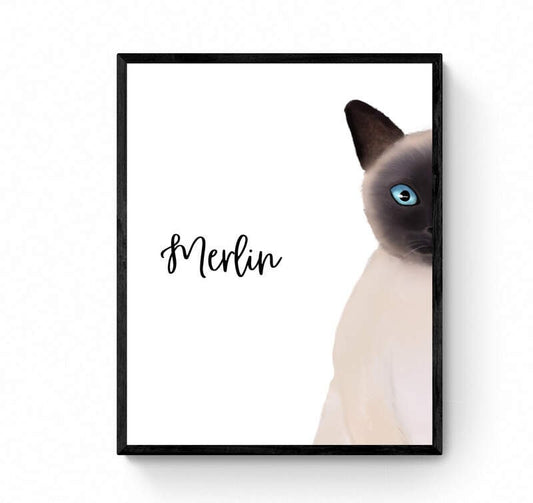 Personalized Siamese Cat Peeking Wall Art, Cute Cat Art Print, Siamese Kitten Painting, Cat Portrait, Cat Memorial, Cat Lover Gift - MerikaArt