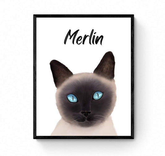 Personalized Siamese Cat Portrait, Customized Cat Name Print, Pet Painting, Siamese Cat With Blue Eyes, Animal Memorial, Cat Lover Gift - MerikaArt