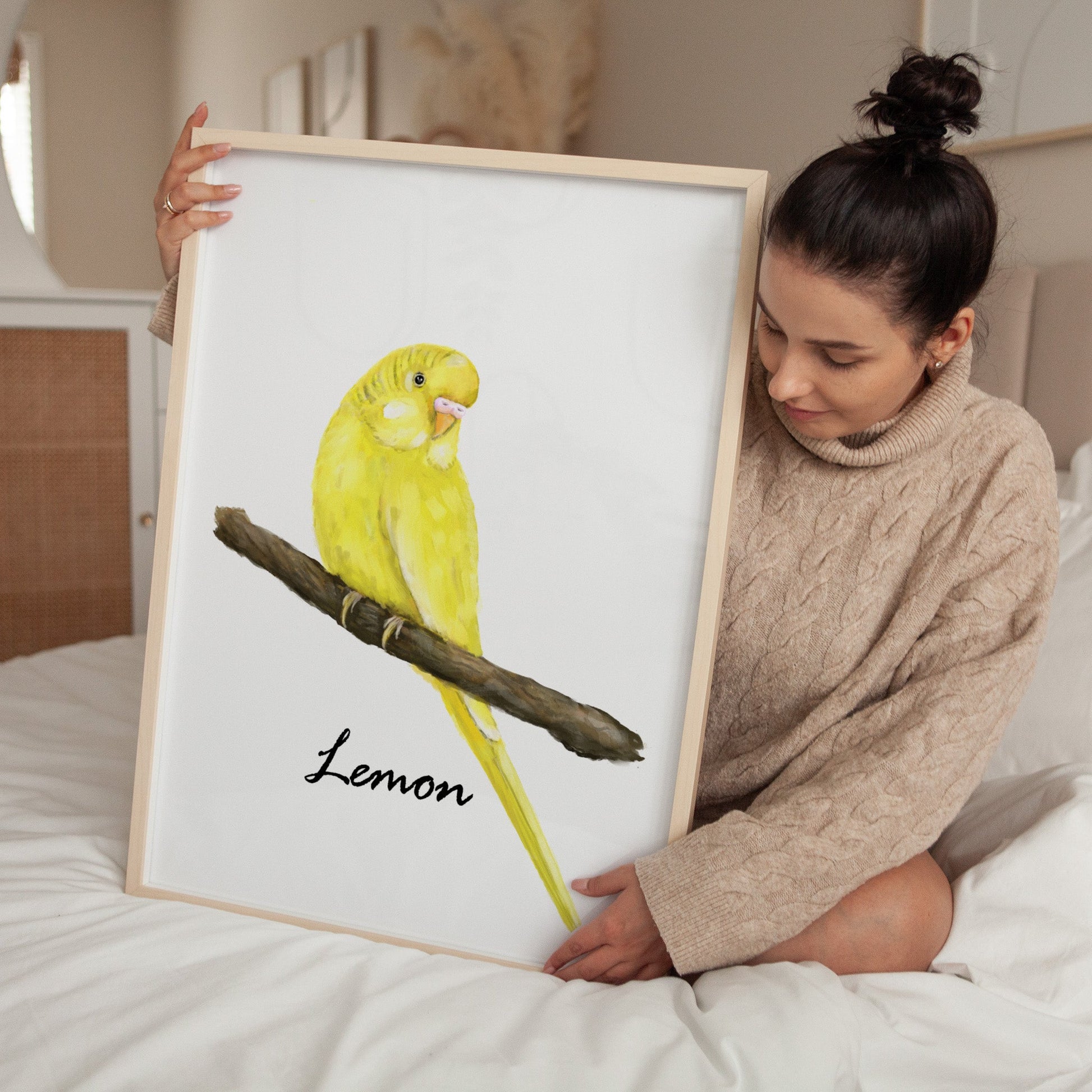 Personalized Yellow Budgie Wall Art Print – Bright Budgerigar Illustration for Bird Lovers - MerikaArt