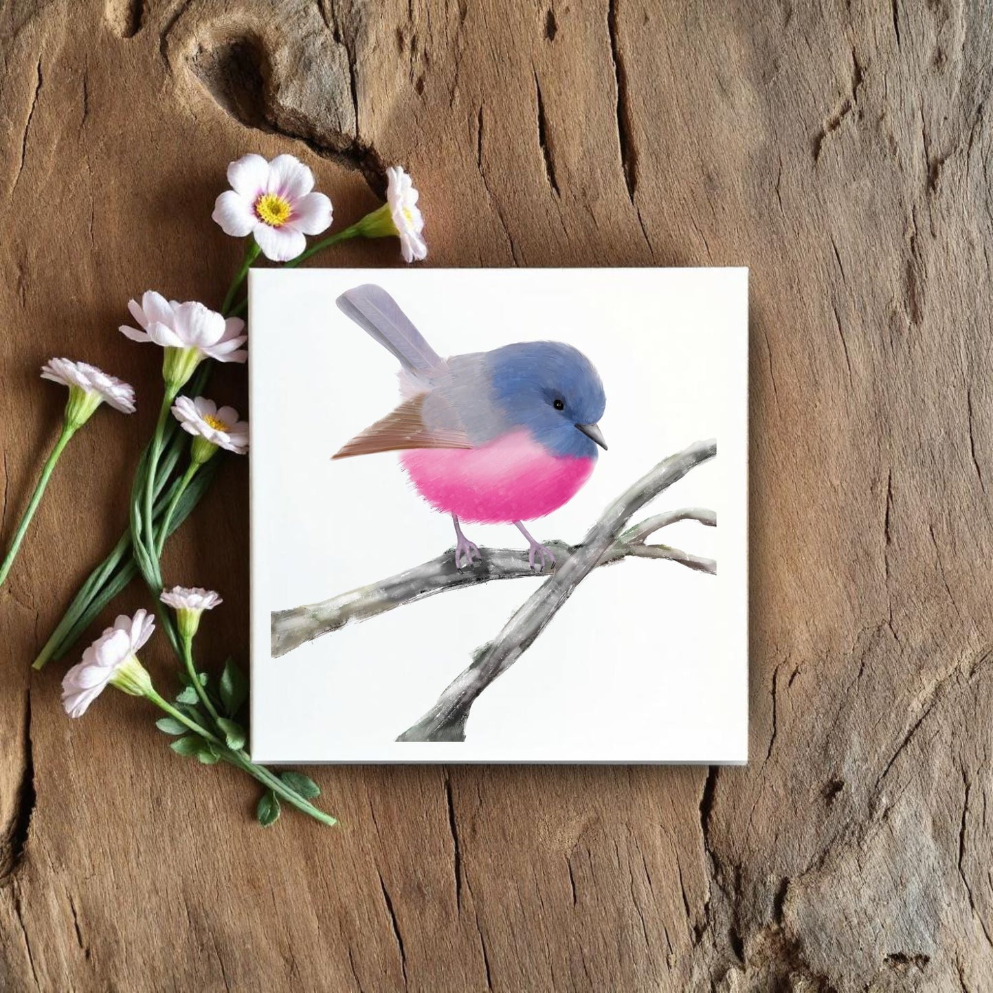 Pink and Blue Bird Ceramic Tile - MerikaArt