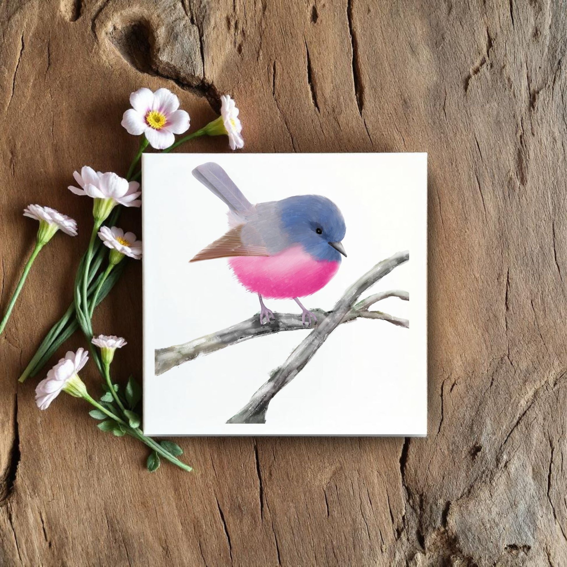 Pink and Blue Bird Ceramic Tile - MerikaArt